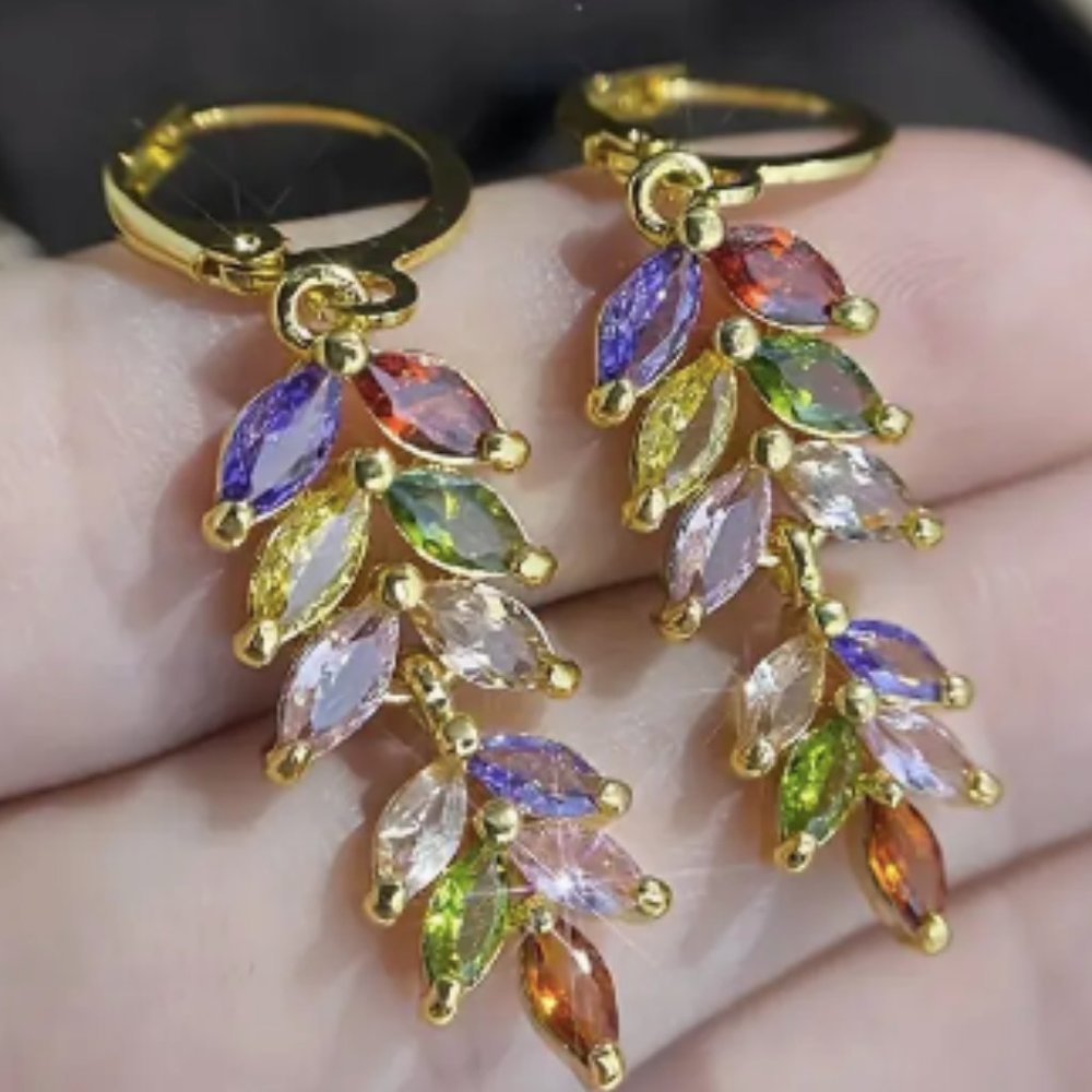 14k Gold Plated Multi-Colored Leaf Diamond Earrings